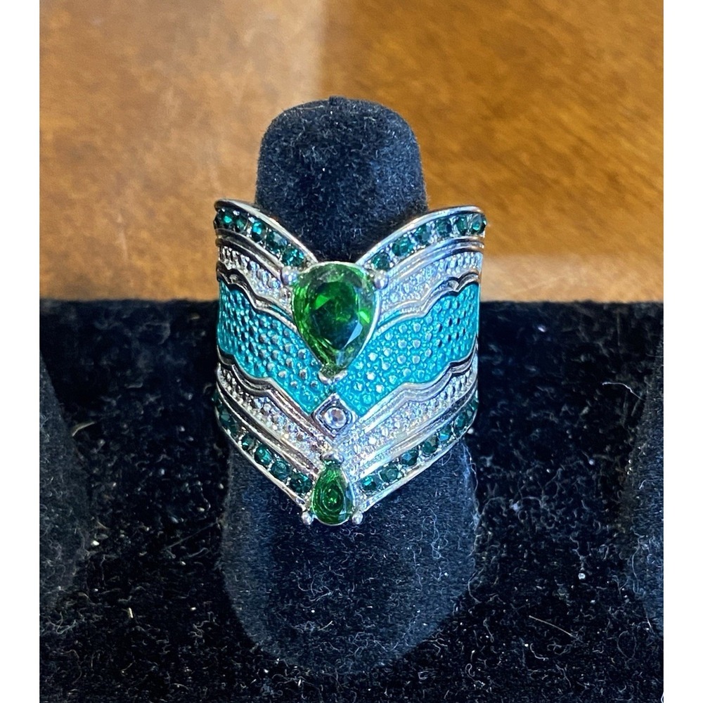 Silver Tone Pear Green Emerald Glass CZ Art Deco Women's Ring Size 6.25